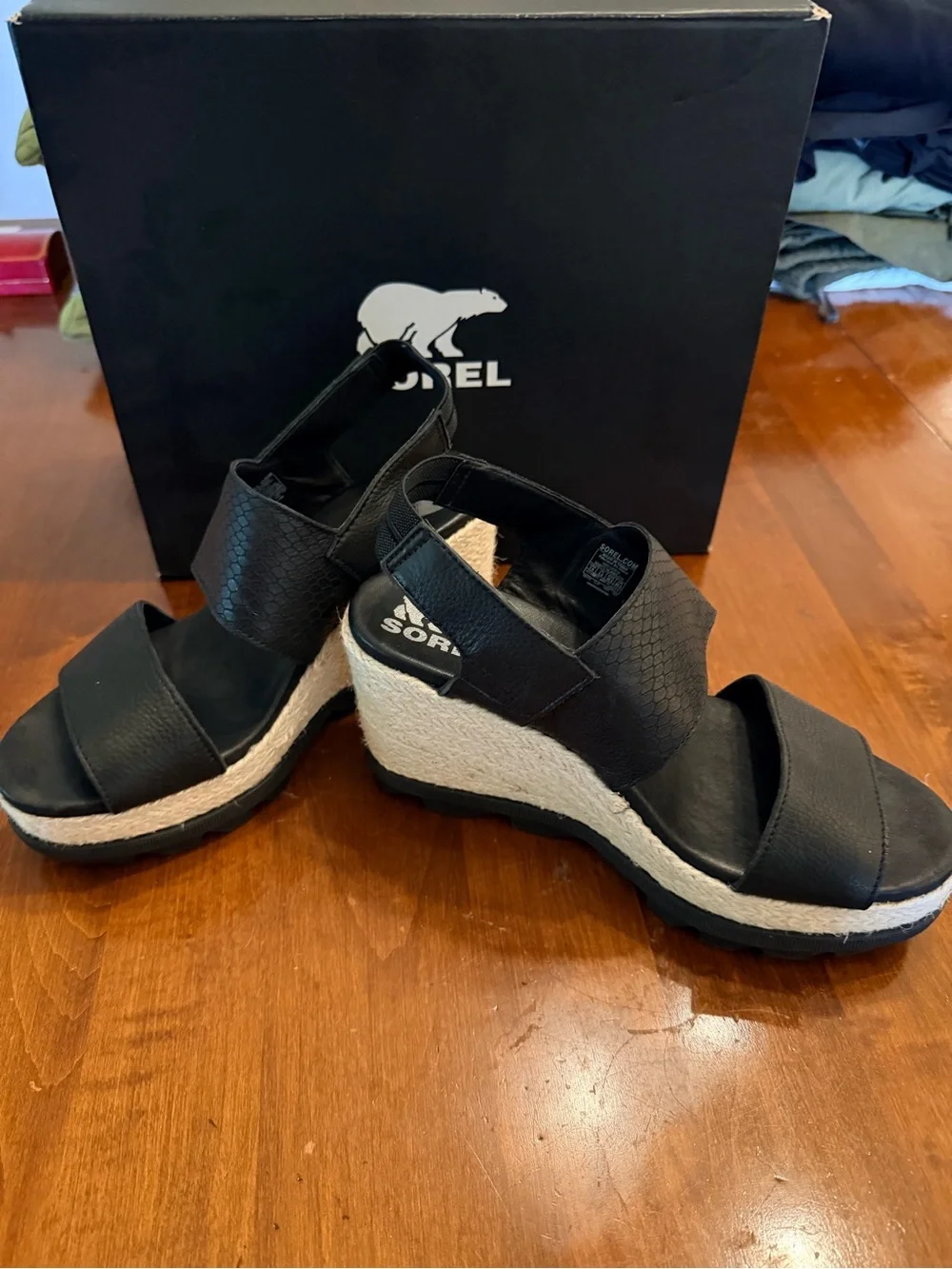 Sorel Black Dual-Strap Wedge Sandals